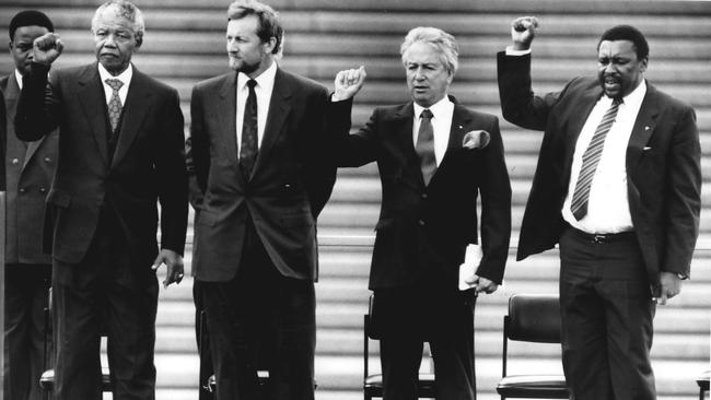 Nelson Mandela, Australian Foreign Minister Gareth Evans, Don Dunstan and Eddie Funde Picture: Steven Siewert