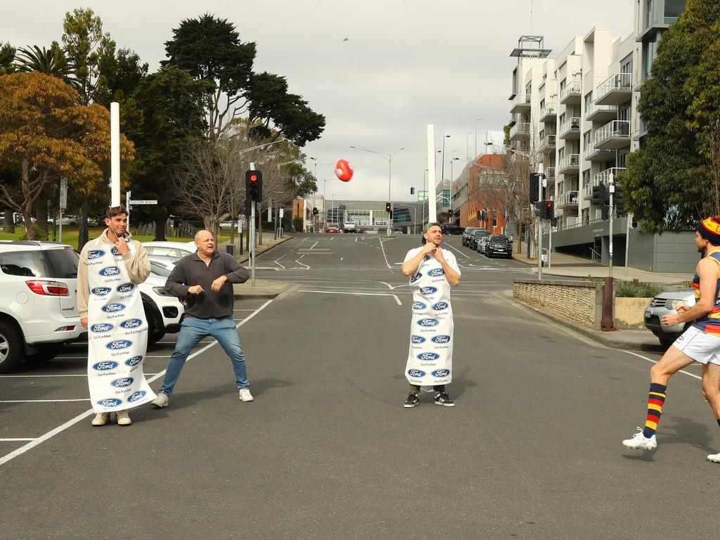 Tom Hawkins, Isaac Smith, Cam Guthrie and Billy Brownless arriving for the Cats Mad Monday. Picture: Alison Wynd