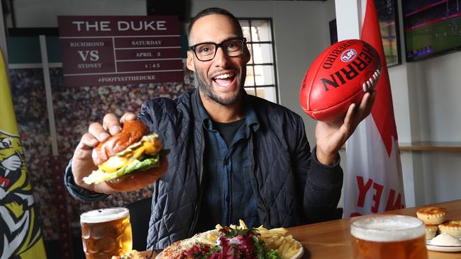 Former AFL star Josh Gibson at The Duke of Wellington in Melbourne CBD. He is also expecting his first child in September. Picture: Alex Coppel.