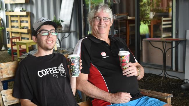 Joshua Poole and a regular Coffee By Josh customer, Rick Noy. Picture: Jessica Baker