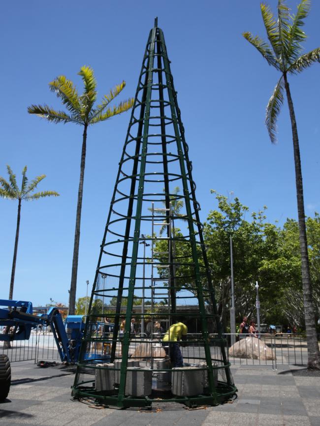 Work has started to install the massive 10m Christmas tree on the Cairns Esplanade. Picture: Andrea Falvo