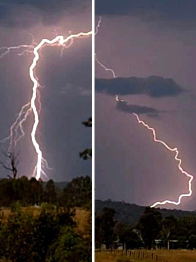 Lightning strikes captured from Sunday's storm at Wheatvale in the Southern Downs. Photo: Trevor Dawes