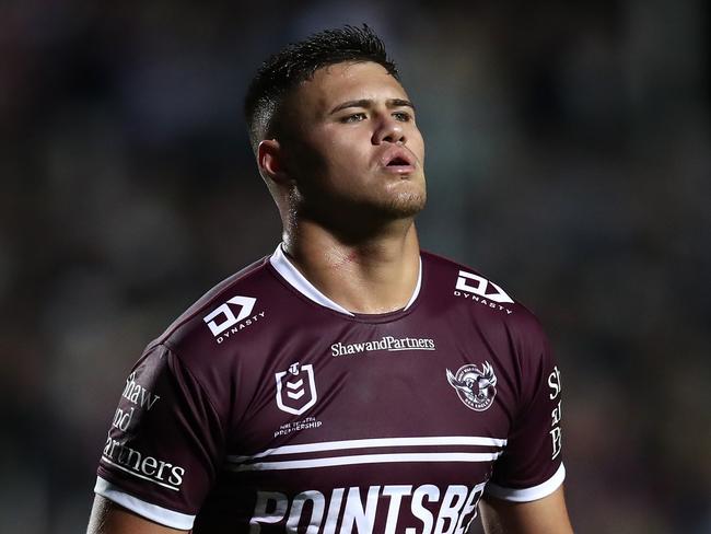 SYDNEY, AUSTRALIA - JUNE 09:  Josh Schuster of the Sea Eagles reacts during the round 15 NRL match between Manly Sea Eagles and Dolphins at 4 Pines Park on June 09, 2023 in Sydney, Australia. (Photo by Jason McCawley/Getty Images)