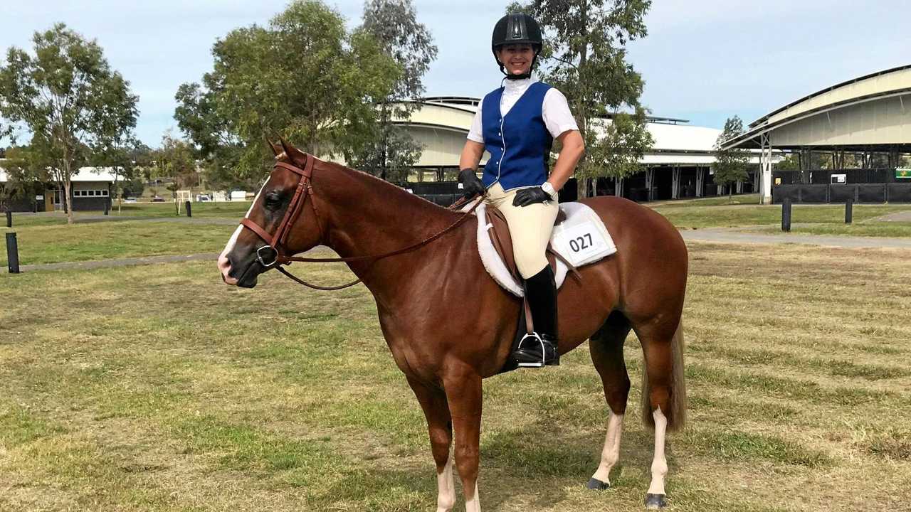 NATIONAL CHAMPS: Tanelle ter Rahe at the National Paint Horse Show in Tamworth riding Cookie, her two-year-old paint colt. Picture: Tanelle ter Rahe