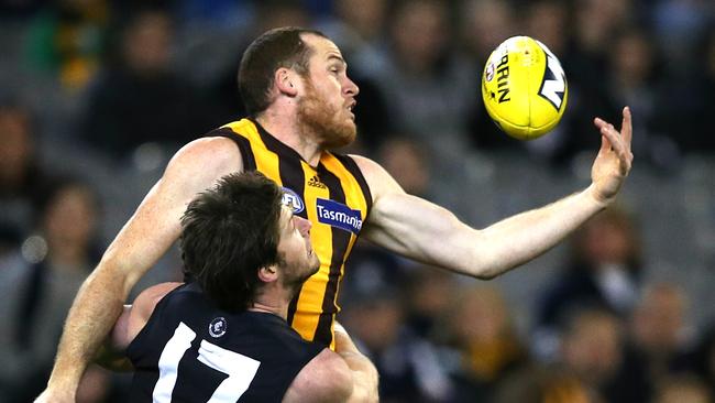 Round 13: Carlton v Hawthorn AFLR1314 Am Rowe & Jarryd Roughead Picture: Wayne Ludbey