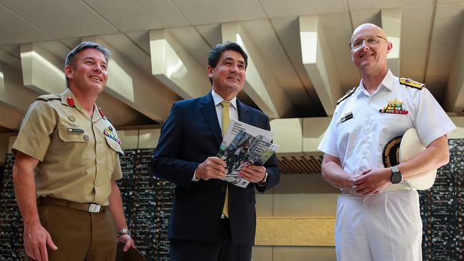 Colonel Brad Kilpatrick, Minister for Veterans Affairs Geoff Lee and Commodore Dave Mann at the Anzac Memorial for the launch of a new Veterans Strategy. Picture: Justin Lloyd