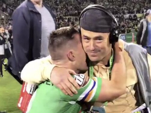 Terry Campese and Jarrod Croker at fulltime of the prelim win over Souths