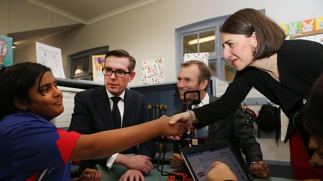 Premier Gladys Berejiklian, Treasurer Dominic Perrottet and Education Minister Rob Stokes at Penrith Public School to announce education funding.