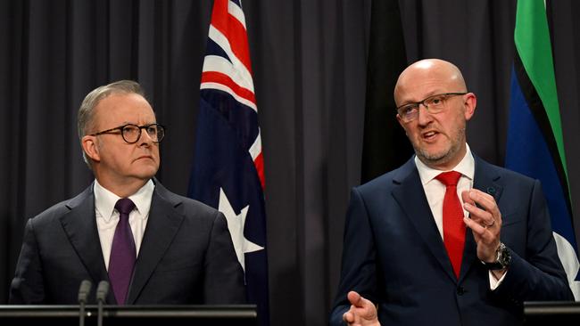 Anthony Albanese and ASIO director-general Mike Burgess speak during a press conference at Parliament House in Canberra. Picture: Lukas Coch/AAP Image