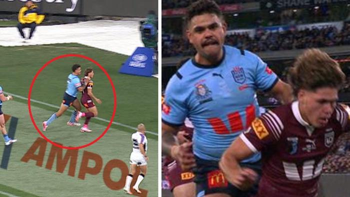 Latrell Mitchell shove on Reece Walsh in Origin Game II.