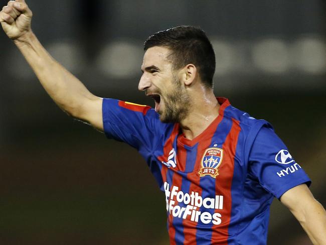 Steven Ugarkovic of the Jets celebrates a second half goal during the Round 26 A-League match between the Newcastle Jets and the Melbourne City at McDonald Jones Stadium in Newcastle, Monday, March 23, 2020. (AAP Image/Darren Pateman) NO ARCHIVING, EDITORIAL USE ONLY