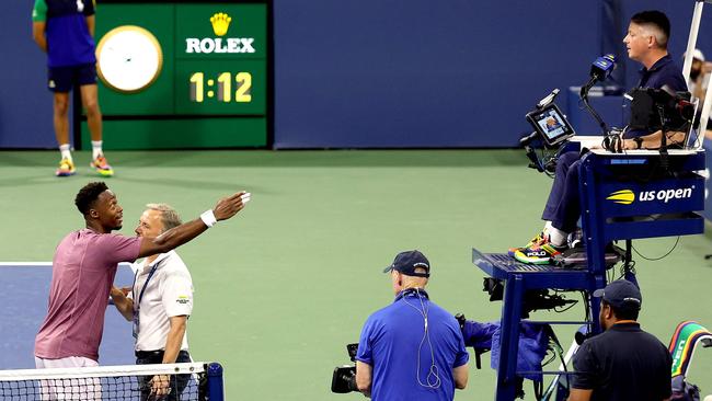 NEW YORK, NEW YORK - AUGUST 28: Gael Monfils of France argues a call with the umpire against Casper Ruud of Norway during their Men's Singles Second Round match on Day Three of the 2024 US Open at USTA Billie Jean King National Tennis Center on August 28, 2024 in the Flushing neighborhood of the Queens borough of New York City.   Jamie Squire/Getty Images/AFP (Photo by JAMIE SQUIRE / GETTY IMAGES NORTH AMERICA / Getty Images via AFP)