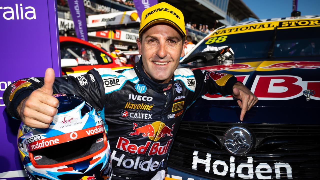 ADELAIDE, AUSTRALIA - FEBRUARY 22: (EDITORS NOTE: A polarizing filter was used for this image.) Jamie Whincup driver of the #88 Red Bull Holden Racing Team Holden Commodore ZB celebrates after winning race 1 of round 1 of the 2020 Supercars Championship the Adelaide 500 on February 22, 2020 in Adelaide, Australia. (Photo by Daniel Kalisz/Getty Images)