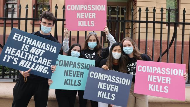 Protesters opposing assisted dying legislation outside NSW parliament in October. Picture: NCA NewsWire