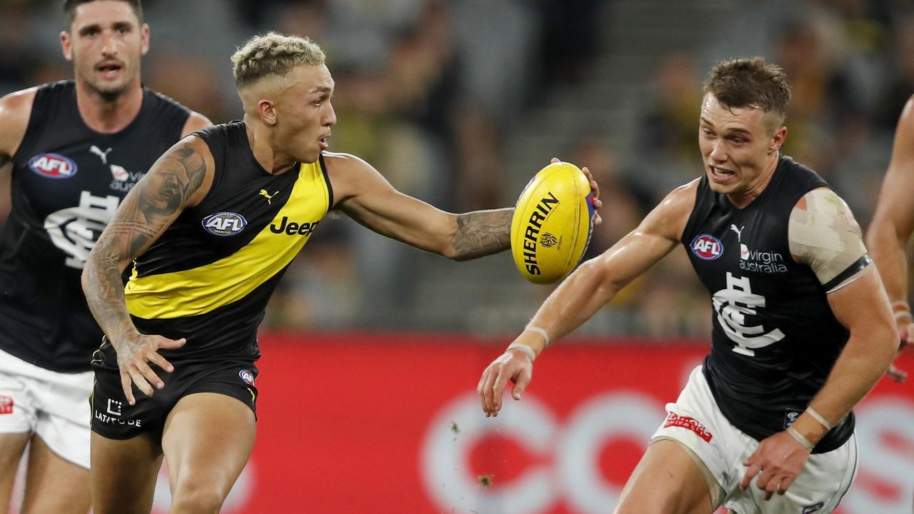 Shai Bolton’s Tigers and Patrick Cripps’ Blues will face off again in Round 1. Picture: Dylan Burns/AFL Photos via Getty Images