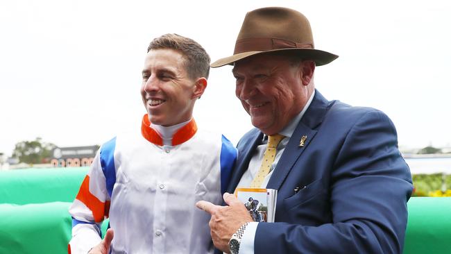 Jockey Damian Lane and co-trainer Tony McEvoy after Veight toughed out a gritty victory in the Group 1 George Ryder Stakes at Rosehill on Saturday Picture: Jeremy Ng/Getty Images