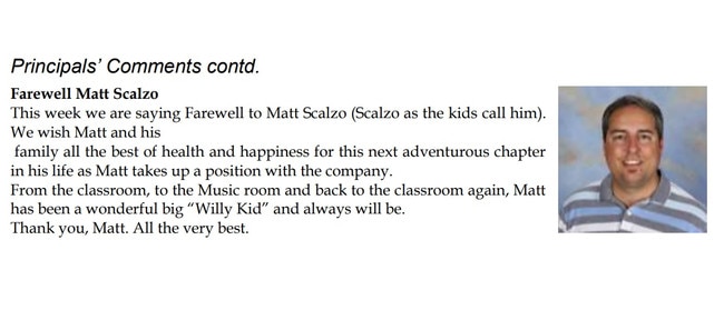 A message farewelling Matthew John Scalzo in Williamstown Primary's newsletter.