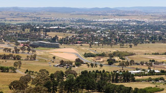 View of the regional country city of Bathurst from the famous Mount Panorama home of Australia's most famous motor car race. Bathurst is located in the central west region of New South Wales