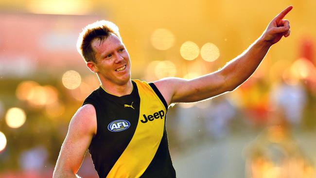 The big show: Jack Riewoldt’s celebrates one of his 10 goals against Gold Coast this month. Picture: AAP