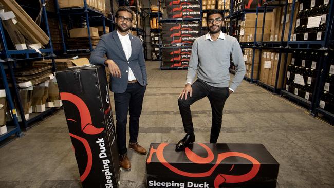 Sleeping Duck founders Winston Wijeyeratne and Selvam Sinnappan at their warehouse in Mulgrave, Melbourne. Picture: David Geraghty