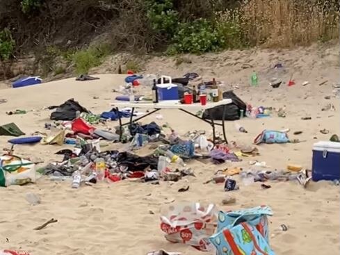 The mess left behind on Yarra Bay Beach on Sunday. Picture: Supplied