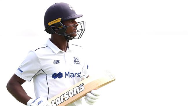 PERTH, AUSTRALIA - MARCH 24: Ashley Chandrasinghe of Victoria walks from the field not out at the end of the first innings during the Sheffield Shield Final match between Western Australia and Victoria at the WACA, on March 24, 2023, in Perth, Australia. (Photo by Paul Kane/Getty Images)