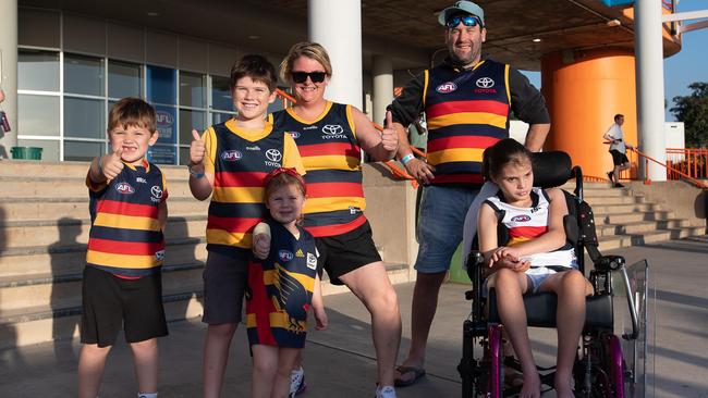 Rory Maslin Heinrich, Braxton Maslin Heinrich, Savanah Maslin Heinrich, Taryn bull, Travis Heinrich and Halle Bull at the Gold Coast Suns match vs Adelaide Crows at TIO Stadium. Picture: Pema Tamang Pakhrin