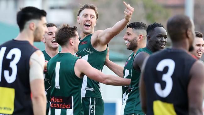 EDFL: Airport West’s Tyson Young reacts after kicking a goal. Picture: George Salpigtidis