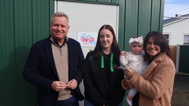 Premier Jeremy Rockliff, Lydia Burr of Lydia's Tiny Tots Retreat, Education Minister Jo Palmer, and baby Edith. Picture: Supplied