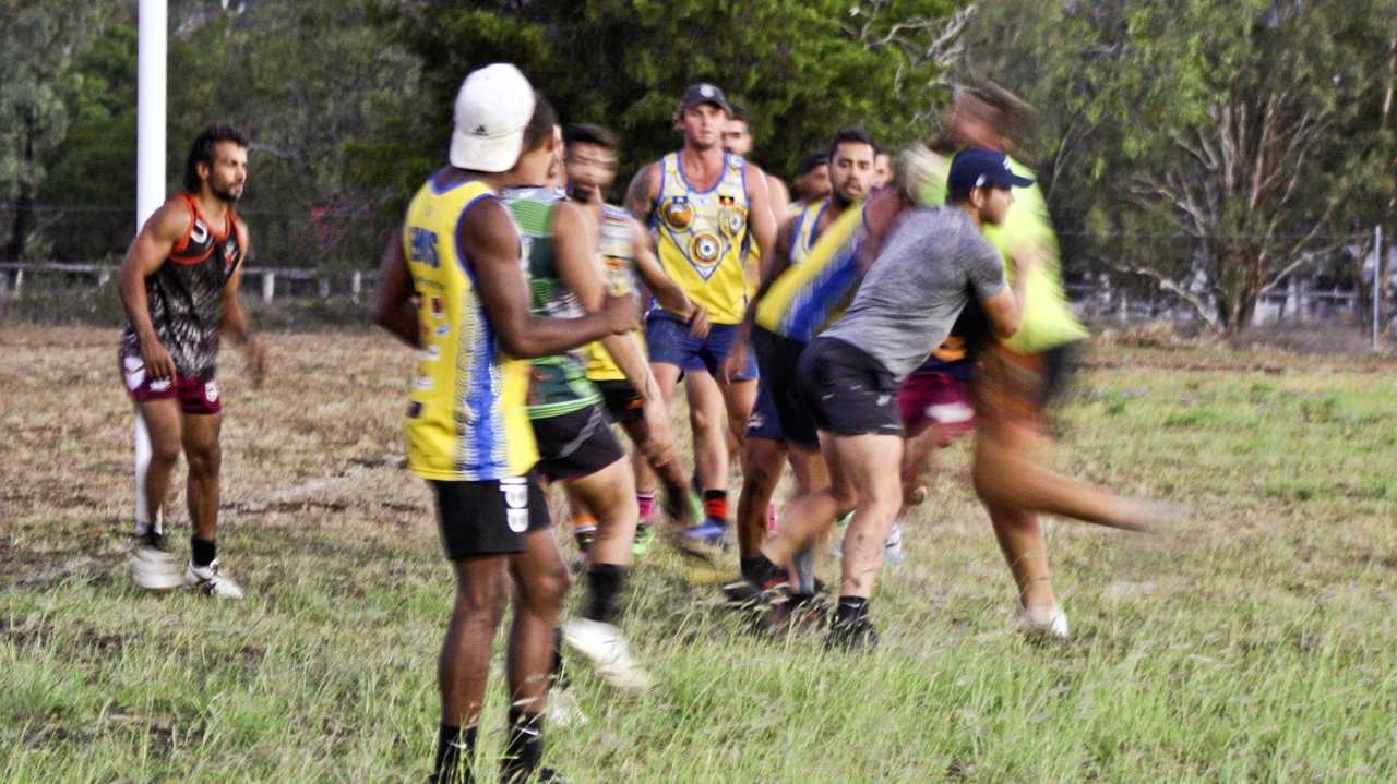 TRAINING TIME: Corey Blades (left) takes part in a training drill with his South-West Emus team mates at the Jack Martin Centre. Picture: Ben Drewe