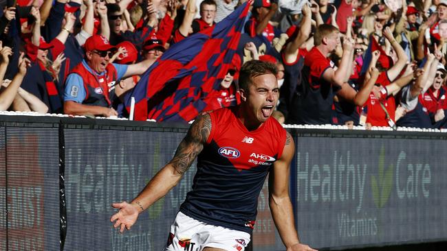 Kennedy celebrates a goal for Melbourne against Collingwood. Picture: Wayne Ludbey