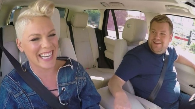 Pink with Corden during a Carpool Karaoke session.