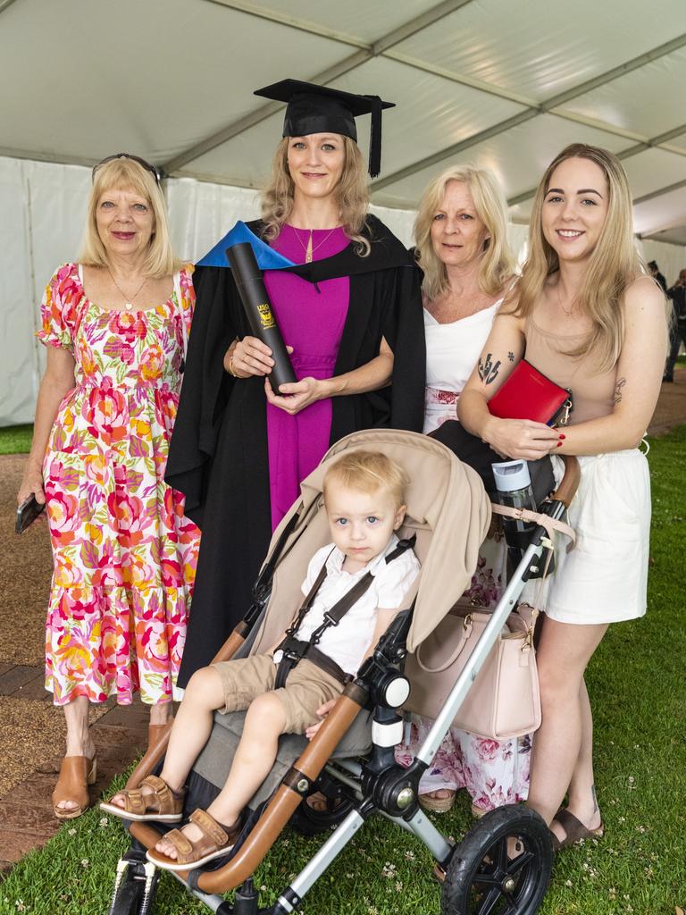 Bachelor of Nursing graduate Rhiannon Webb with family (from left) Karen Strauss, Noah Webb, Janice Honey and Olivia Honey at the UniSQ graduation ceremony at Empire Theatres, Tuesday, December 13, 2022. Picture: Kevin Farmer