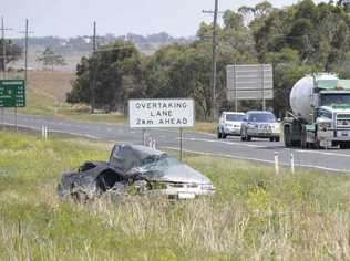 The male driver of this car was killed in a collision with a truck 20km west of Toowoomba on the Warrego Hwy.