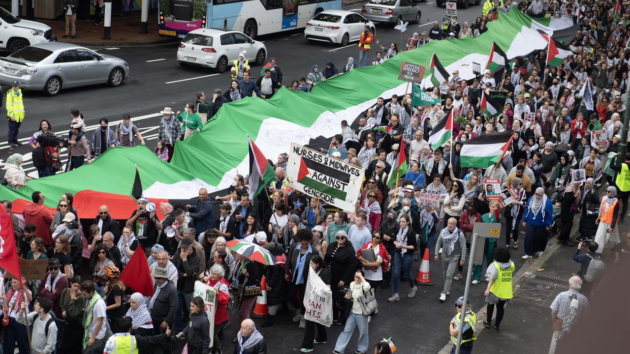 Thousands of protesters march through Sydney to the Sydney University Gaza solidarity encampment on the Quad lawns for the ‘Hands off Rafah’ demonstration. Picture: NCA NewsWire / Jeremy Piper