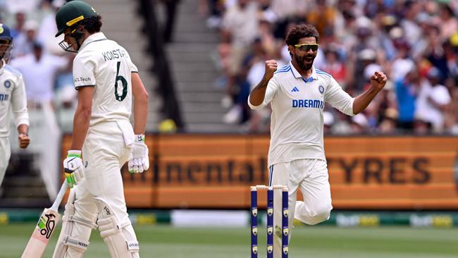 India's Ravindra Jadeja celebrates after dismissing Konstas. Picture: AFP