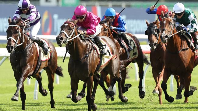 SYDNEY, AUSTRALIA - FEBRUARY 15: Jason Collett riding Fangirl win Race 8 Apollo Stakes during Sydney Racing at Royal Randwick Racecourse on February 15, 2025 in Sydney, Australia. (Photo by Jeremy Ng/Getty Images)