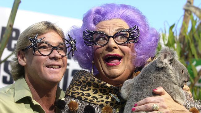 Steve Irwin, pictured with Dame Edna Everage during a promotion on pay TV's Discovery Channel, became a household name around the world. Pic: AAP Image/Dave Hunt