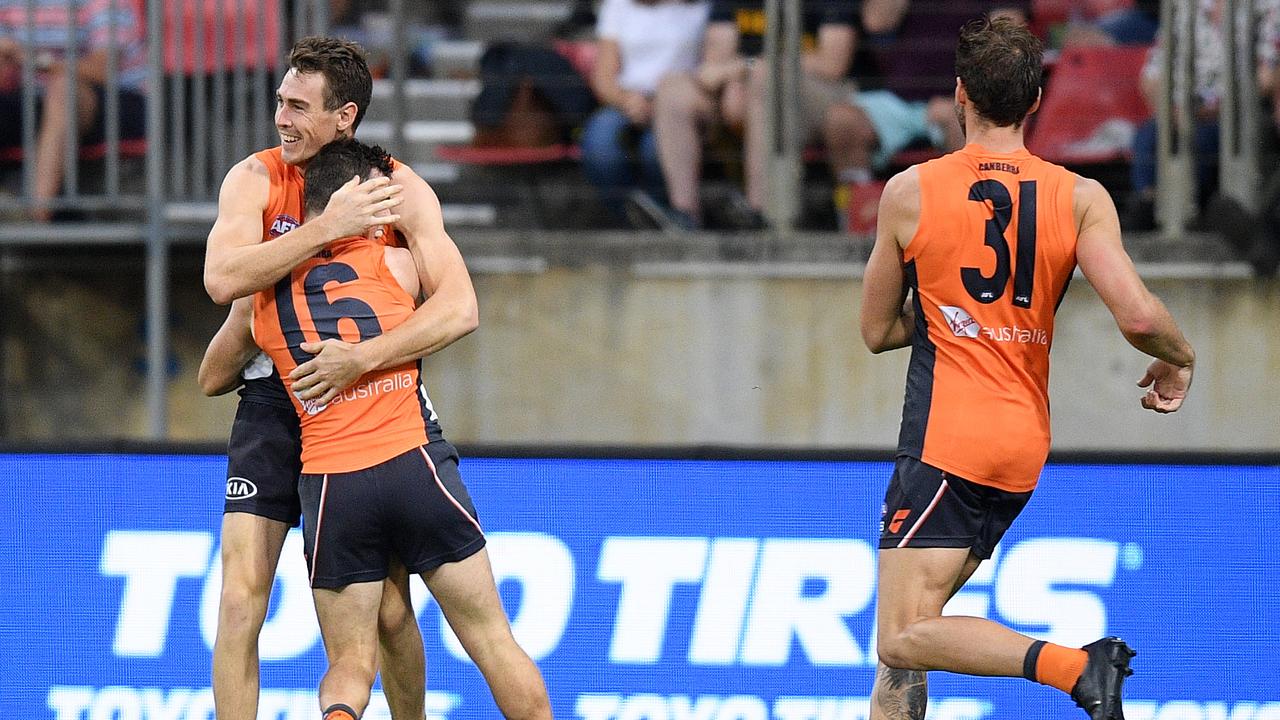 It was the Jeremy show at GIANTS Stadium as Jeremy Cameron and Jeremy Finlayson combined for 12 goals against Richmond. Photo: Dan Himbrechts/AAP Image. 