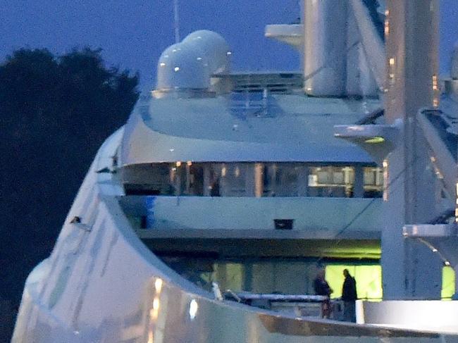 epa04942077 The sailing ship 'White Pearl', described by media as a 'Mega sailing yacht', is tugged from a port basin as it is prepared for a test voyage in Kiel, norther Germany, 21 September 2015 morning. The sailing ship with masts of up to 90 meters has been built by the 'German Naval Yards' ship builders. According to media reports it is believed that the yacht was ordered and is owned by Russian multi billionaire Andrey Igorevich Melnichenko. EPA/CARSTEN REHDER