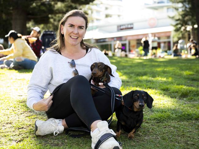 Rebekka Scott and her dogs Addy and Winston at CronullaFest at Cronulla on the 09/09/2023. Picture: Daily Telegraph/ Monique Harmer