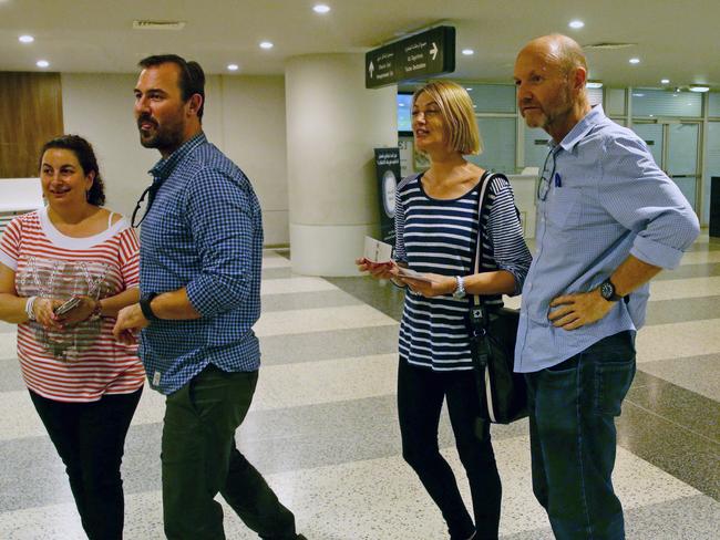 Tara Brown and the 60 Minutes crew with tickets for their flights at Beirut airport. Picture: Liam Kidston.