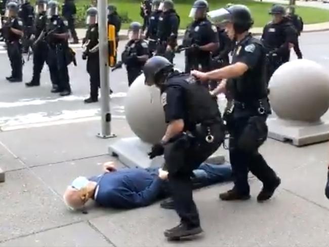 Martin Gugino, 75, being pushed by police during a protest in the US on June 4. Picture: Mike Desmond/AFP