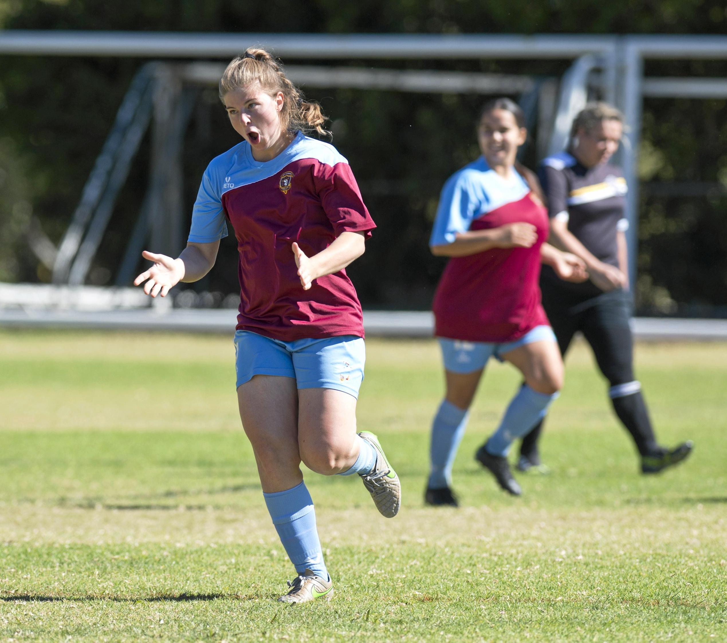 Sarah Glass, St Albans celebrates Savannah Orcher's goal. Womens West Wanderers vs St Albans. Sunday, 20th May, 2018. Picture: Nev Madsen