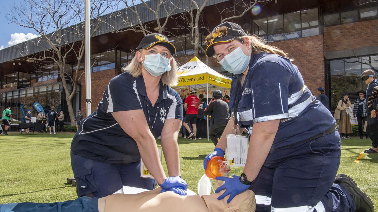 Third year paramedic students Kodi Kuhnemann ( left ) and Katie Rae at the USQ open day. Sunday, August 15, 2021. Picture: Nev Madsen.