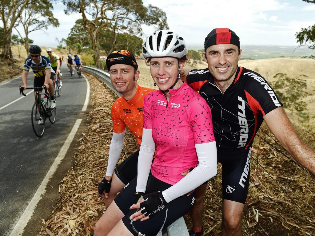 Alex and Catherine Hill from Paradise with Peter Hazelhurst from Golden Grove at Brookman Road, Willunga Hill. Picture: Tom Huntley