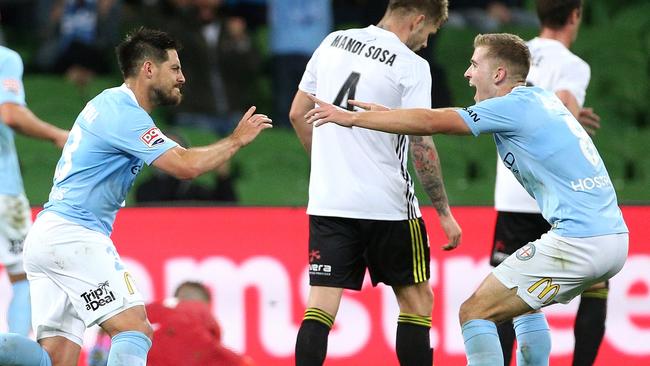 Bruno Fornaroli celebrates a goal with teammate Riley McGree against Wellington. Picture: AAP