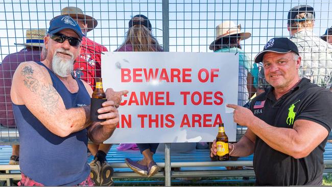 Darrel Leech and Michael Braun ensure the safety of the crowd at the Alice Springs Camel Cup. Picture: EMMA MURRAY