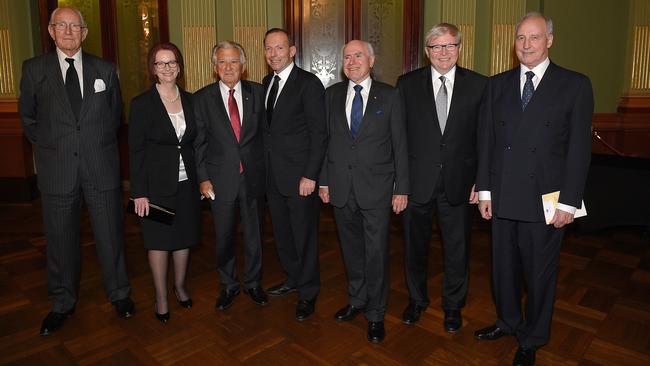 Former prime ministers of Australia (L-R), Malcolm Fraser, Julia Gillard, Bob Hawke, Tony Abbott, John Howard, Kevin Rudd and Paul Keating at the memorial service for Gough Whitlam in 2014.