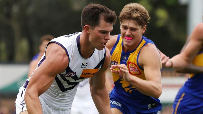 PERTH, AUSTRALIA - FEBRUARY 24: Jaeger O'Meara of the Dockers in action during an AFL practice match between West Coast Eagles and Fremantle Dockers at Mineral Resources Park on February 24, 2024 in Perth, Australia. (Photo by Will Russell/Getty Images)